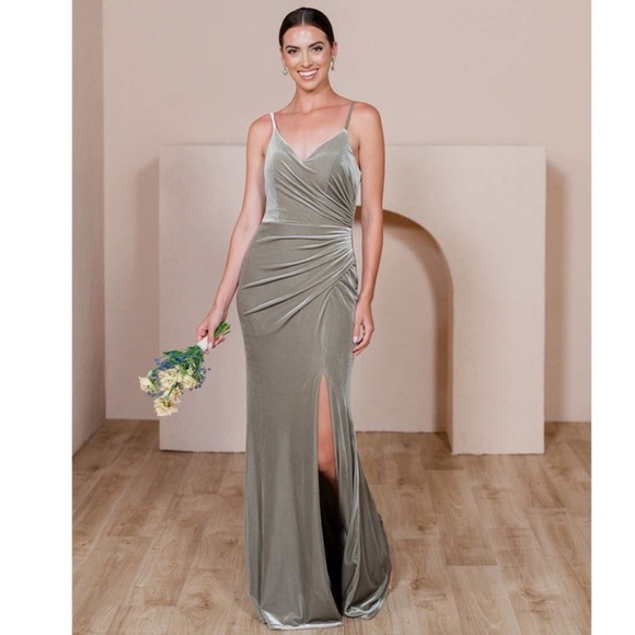 Revelry Rory Velvet Bridesmaid Dress in Sage Green Velvet - Picture 1 of 14